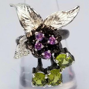 Orchid natural peridot,  amethyst and sterling ring